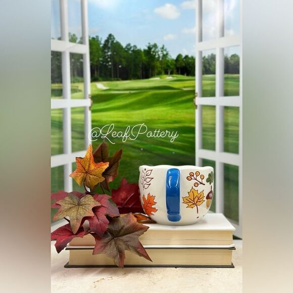 Cozy Autumn Leaves & Acorn Mug – Hand-Painted Ceramic Cup with Blue Handle, 16oz - Picture 8 of 10
